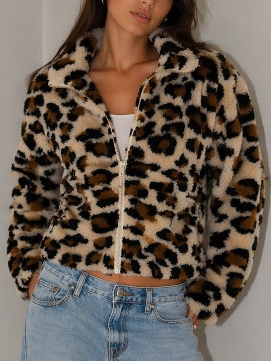 Love + Joy Jackets & Blazers - Leopard Print Teddy Zip-Up Jacket - Beige/Black/Brown